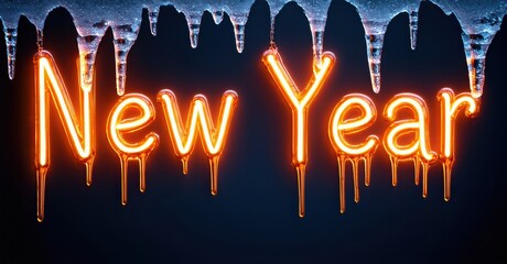 Bright neon text spells New Year. Icicles hang above glowing letters against dark background. Festive, celebratory design.