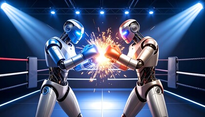 Robots Boxing in a Ring with Sparks and Blue and Orange Gloves