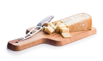 Morbier cheese. Delicious french cheese with mold isolated on white background.