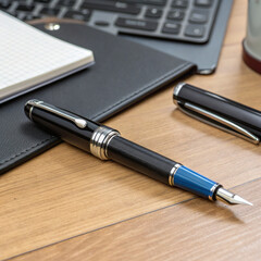 Elegant fountain pen rests on a wooden desk beside a laptop and notebook