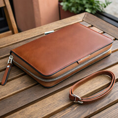 Luxurious brown leather clutch wallet with detachable wrist strap on wooden surface