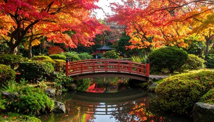 Fototapeta premium Vibrant Japanese Garden Bridge in Autumn Colors.