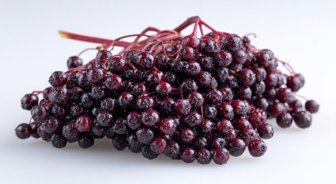 Close-up view of a cluster of dark red elderberries with water droplets, showcasing their plumpness and rich color against a plain white backdrop.
