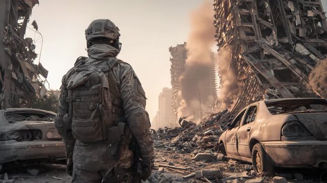 Soldier standing in devastated urban area after destruction smoke rising from ruined buildings military service concept warzone aftermath rescue and defense mission