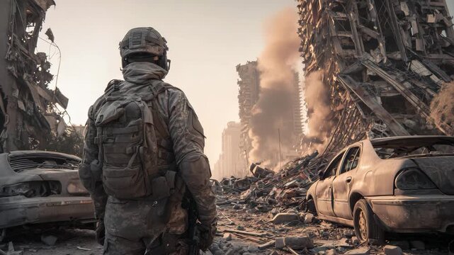 Soldier in tactical gear standing in war torn city street with destroyed buildings and burnt cars at dramatic sunset concept of conflict aftermath military duty and urban devastation