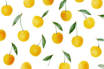 Obraz premium Bright Yellow Cherries with Leaves Watercolor Pattern on a Blank Layer