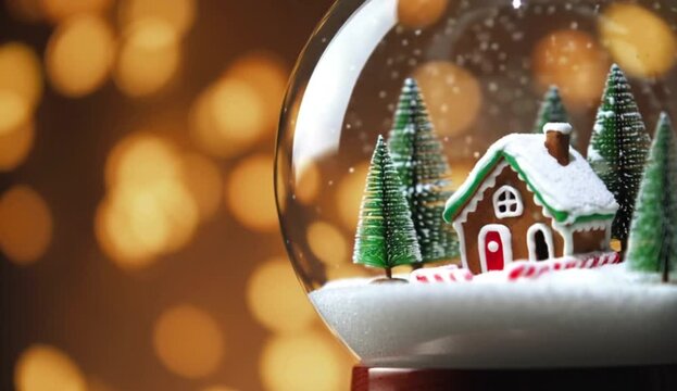 globe with a detailed and realistic gingerbread house inside, surrounded by small christmas trees and snowflakes, created with generative ai