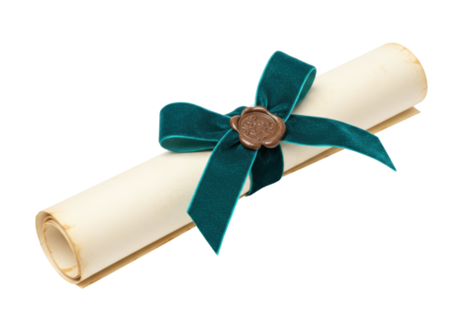 Isolated diploma scroll with dark green velvet ribbon and wax seal, antique paper document