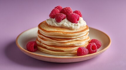   Stacked pancakes with whipped cream and raspberries on a pink plate, atop a purple cloth