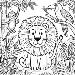 Cute lion king of the jungle coloring book vector illustration