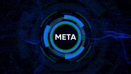 Abstract digital HUD interface with the word META in the center on a dark blue background with glowing elements
