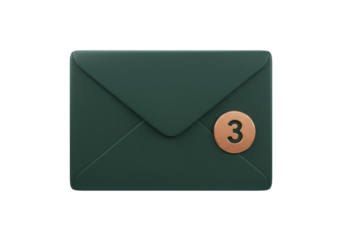 Isolated New message notification with number 3, green envelope, communication concept