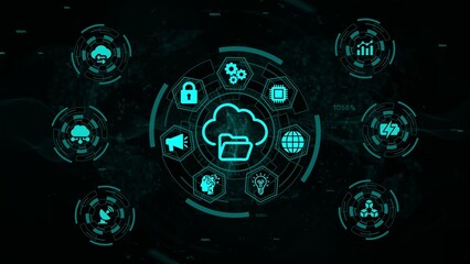 Cloud Storage Icon with Folder Surrounded by Digital Technology Symbols and Data image photo