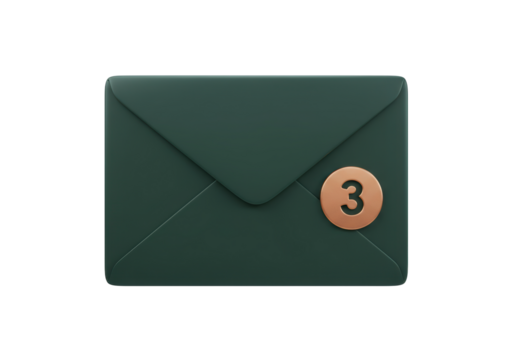 Isolated New message notification with number 3, green envelope, communication concept