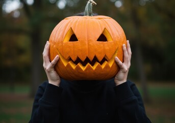Person holding a carved Halloween pumpkin in front of their face