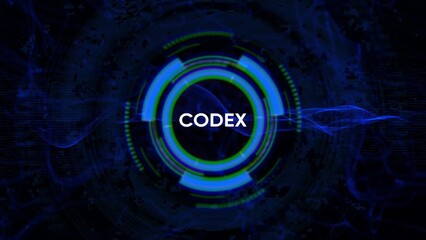 Digital HUD with Text CODEX Centered on Abstract Blue and Green Circular Interface and Sound Waves