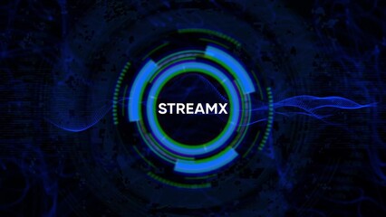 Digital HUD with Text STREAMX Centered on Abstract Blue and Green Circular Interface and Sound Waves
