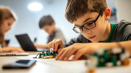 Engaged young boy with glasses focuses intently on constructing a toy with building blocks. Creativity and STEM learning.