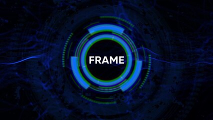 Futuristic abstract digital HUD interface with the word FRAME in the center on a dark blue background