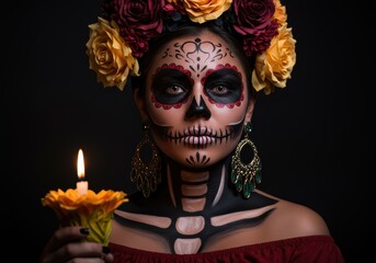 Woman with Sugar Skull Makeup Holding a Candle