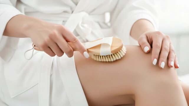 Closeup of a woman using a dry brush on her leg, showcasing skincare routine, exfoliation, and wellness practices for healthy skin and body care at home ai generated vedio