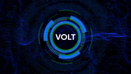 Futuristic digital HUD interface with the word VOLT in the center on a dark blue background with abstract energy waves