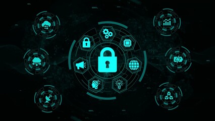 Padlock Icon Symbolizing Security Surrounded by Digital Technology Icons and Data cyber protection