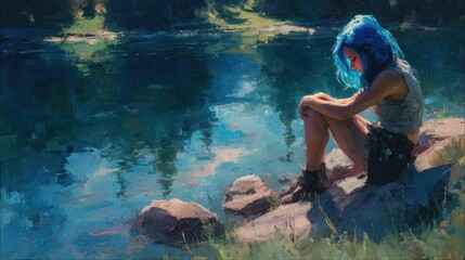 A girl with blue hair,by the lake
