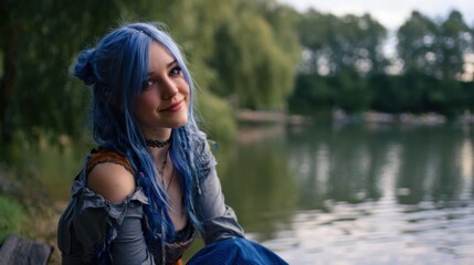 A girl with blue hair,by the lake
