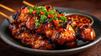 Mouthwatering grilled chicken skewers served with a flavorful dipping sauce, topped with fresh herbs and spices for a delightful culinary experience.