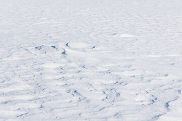 A quiet winter scene shows a snow-covered frozen sea with gentle texture