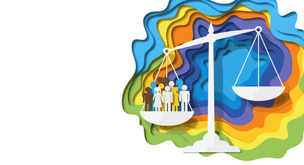 Human Rights Day design showcasing paper art with scales and diverse figures. Human Rights Day concept uses a paper art style, illustrating justice scales and a variety of people standing together.