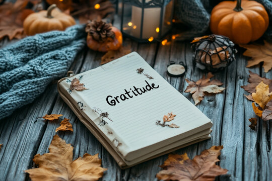 Notebook with the word "Gratitude" surrounded by autumn decorations, cozy holiday atmosphere. - Powered by Adobe