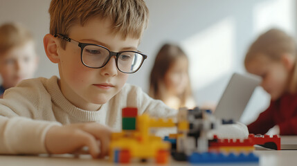 Focused student builds with colorful toy blocks, learning through play. Teamwork, STEM education, and creativity are all fostered in this collaborative setting.