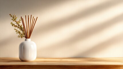 A minimalist vase featuring aromatic sticks creatively arranged, set against a softly lit background bringing a peaceful and calming atmosphere to any space.