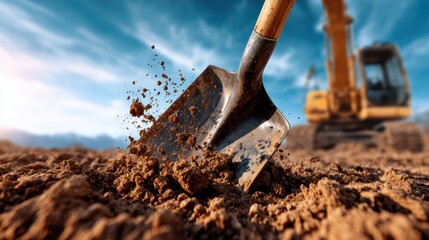 A close-up shot of a shovel digging into rich, dark soil against a backdrop of construction machinery, epitomizing hard work and determination in an outdoor labor environment.