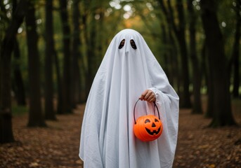A person dressed as a ghost holding a jack-o'-lantern bucket in a forest.