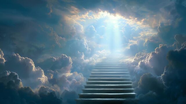 mystical stairway ascending into bright heavenly sky with shining sun rays breaking through soft clouds symbol of hope faith afterlife spiritual journey to paradise