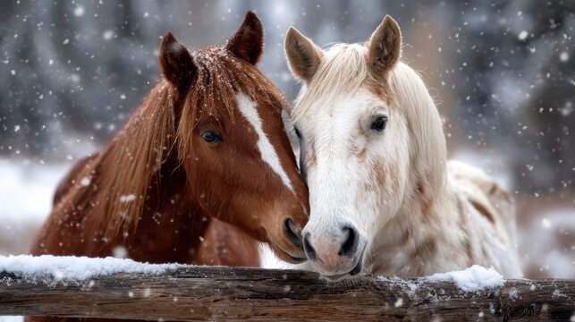 A heartfelt moment between two horses, one brown and one white, leaning affectionately together amidst a snowy landscape, showcasing the beauty of animal companionship.