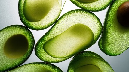   Close-up photo of avocado slices arranged on a wooden surface