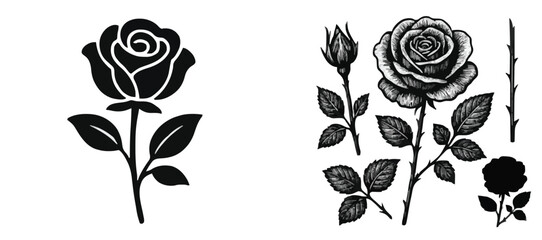 Rose Flower Vector Collection Silhouette and Hand Drawn Engraving Style