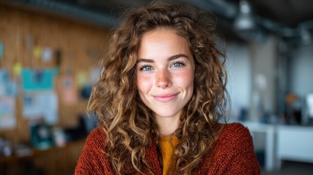 A cheerful young woman with curly hair smiles warmly in an inviting office environment, showcasing confidence and approachability amid a creative workspace.