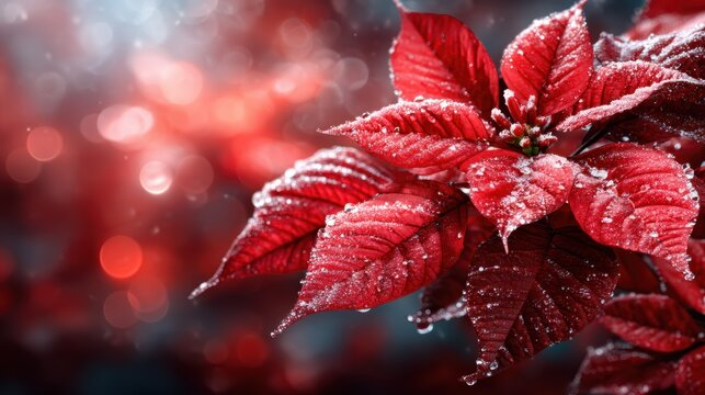 A stunning close-up of a vibrant red poinsettia dusted with snow, capturing the festive spirit and natural beauty in a dreamy bokeh background of soft lights.