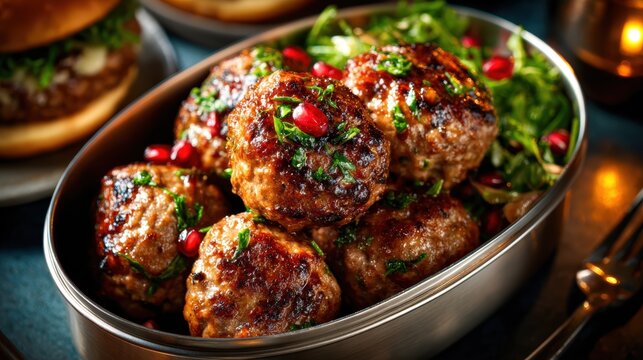 An appetizing close-up of succulent meatballs garnished with fresh herbs and pomegranate seeds, making for a delightful culinary presentation perfect for food lovers.