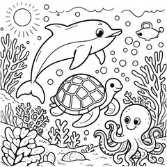 Illustration of cute sea animal coloring book vector image