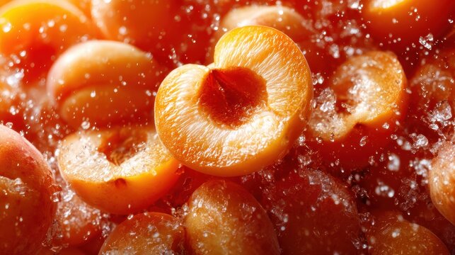 A vibrant close-up of ripe apricots covered in fresh water droplets, showcasing their juicy texture and bright, appealing colors, evoking feelings of freshness and summertime.
