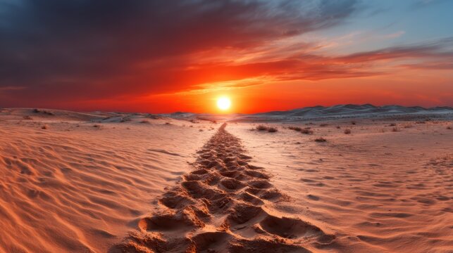 A breathtaking sunset casting warm hues over desert sand dunes, marked by footprints, evoking a sense of adventure and the beauty of nature's landscape.
