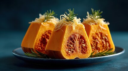 Delicious Roasted Pumpkin Wedges with Cheese and Rosemary Garnish