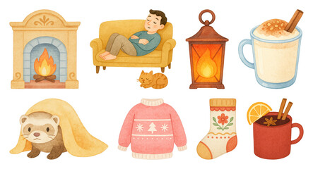 PNG Cozy winter comfort illustrated, element set on transparent background