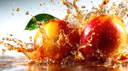 A vibrant image capturing the dynamic splash of red apples, symbolizing freshness, energy, and life as water droplets create splashes, embodying excitement and vitality.